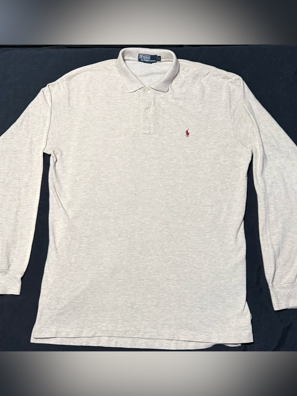 Polo Ralph Lauren Men's Large Long Sleeve Beige Polo Shirt Red Pony Excellent